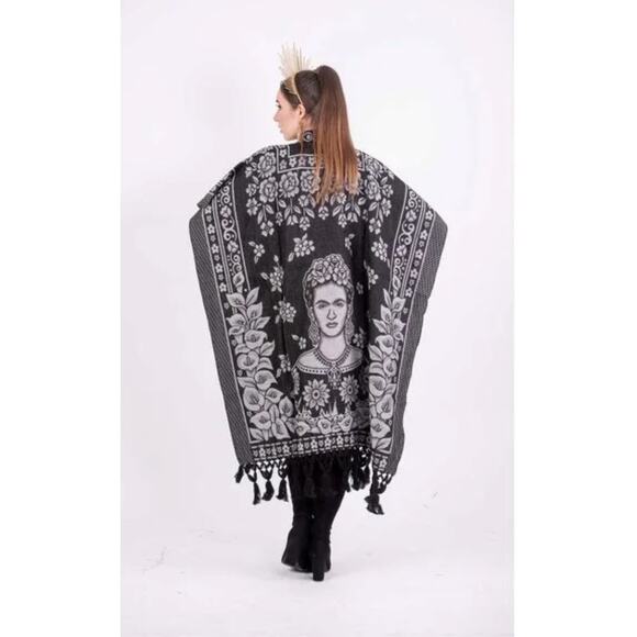 Frida Kahlo Poncho Tunic Black Gold Serape Fringe One Size Fits All Boho Art - Picture 3 of 7